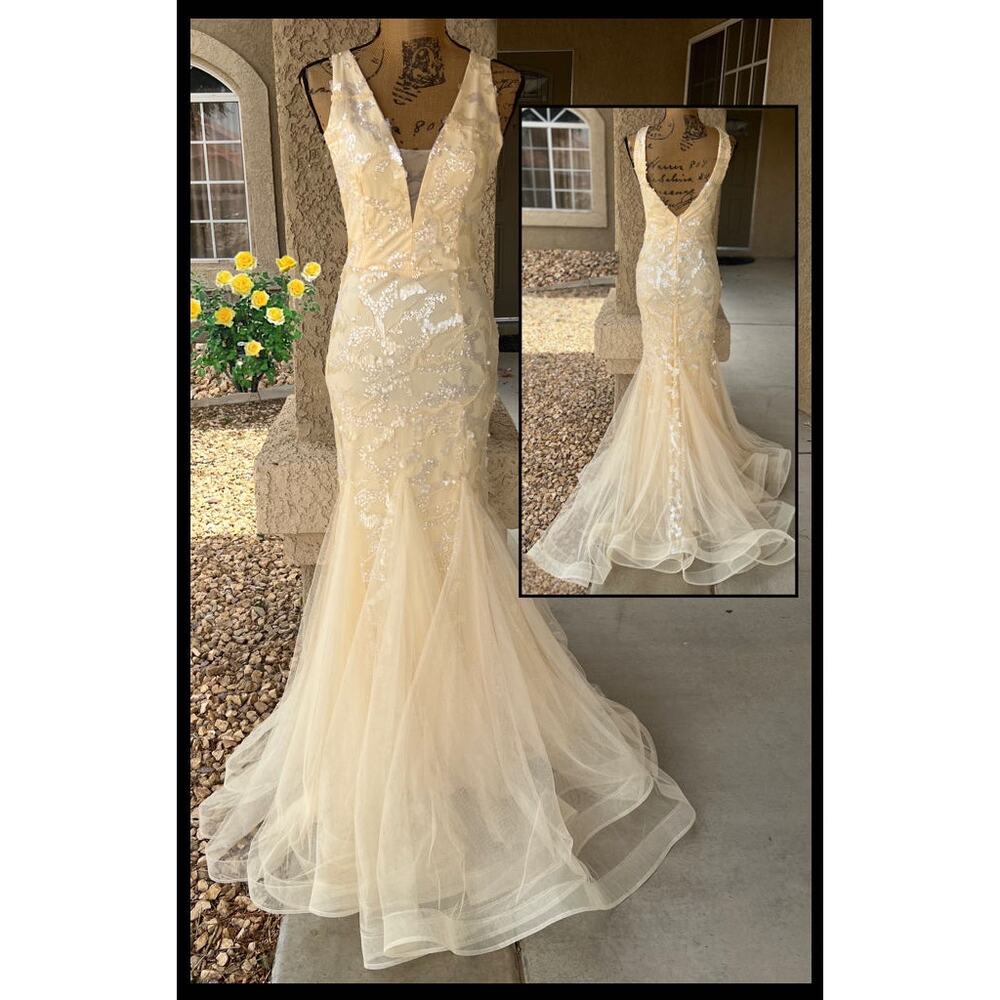 Faeriesty Butter Plunging Neck Backless Sequin Mermaid Dress Size M